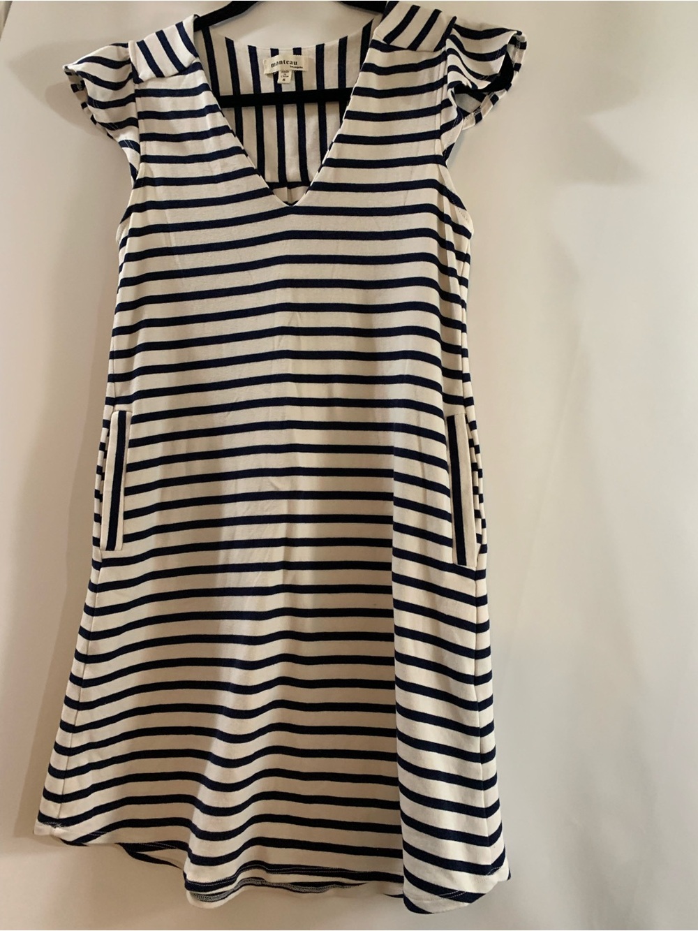 Monteau Navy and White Striped Flutter Sleeve Dress